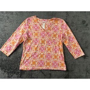Ruby Rd Favorites Women's Pink & Orange Patterned Knit Top Size L Embellish